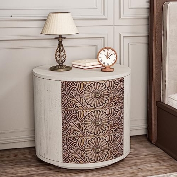 Elegant HOMPUS Round End Table with 3 Storage Drawers