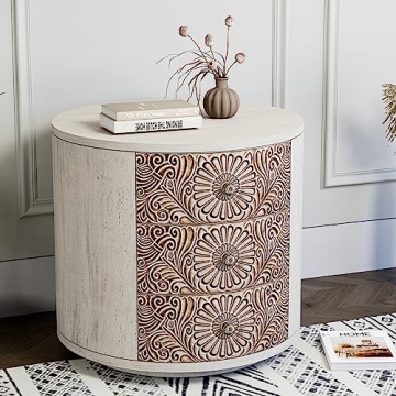 Elegant HOMPUS Round End Table with 3 Storage Drawers