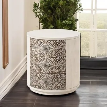 Elegant HOMPUS Round End Table with 3 Storage Drawers