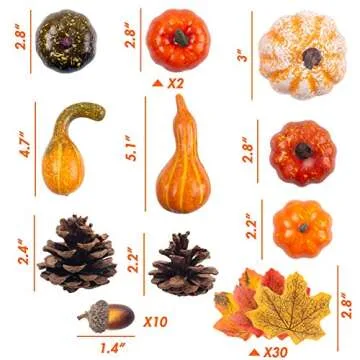 DomeStar 50 PCS Thanksgiving Artificial Pumpkins and Gourds Set Fall Decorations for Home, 8 PCS Fake Pumpkins, 12 PCS Pinecones and Acorns, 30 PCS Fake Maple Leaves Fall Wedding Tables Centerpieces