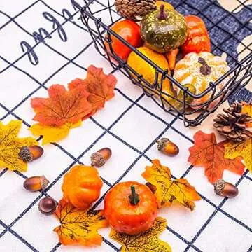 DomeStar 50 PCS Thanksgiving Artificial Pumpkins and Gourds Set Fall Decorations for Home, 8 PCS Fake Pumpkins, 12 PCS Pinecones and Acorns, 30 PCS Fake Maple Leaves Fall Wedding Tables Centerpieces