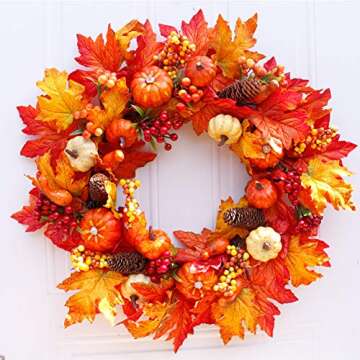 DomeStar 50 PCS Thanksgiving Artificial Pumpkins and Gourds Set Fall Decorations for Home, 8 PCS Fake Pumpkins, 12 PCS Pinecones and Acorns, 30 PCS Fake Maple Leaves Fall Wedding Tables Centerpieces