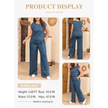 Eytino Women's Plus Size Sets Casual Cap Sleeve Tops High Waist Long Lounge Sweatpants Two Pieces Tracksuits Oversized Pajama Sets Blue 2X