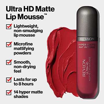 Revlon Liquid Lipstick, Face Makeup, Ultra HD Matte Lip Mousse, Longwear Rich Lip Colors in Red / Coral, 815 Red Hot, 0.02 Oz