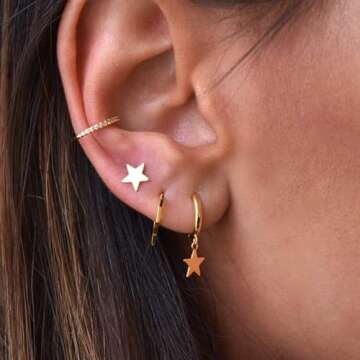 Star Earrings Huggie Hoop for Women, Star Dangle Huggie Hoops Hypoallergenic Earrings Star Hoops Cuff Cute Star Earrings for Women