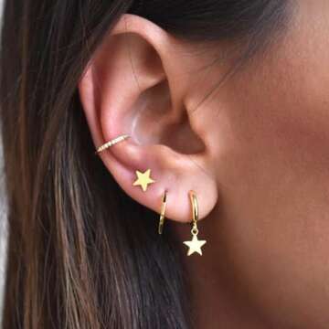 Star Earrings Huggie Hoop for Women, Star Dangle Huggie Hoops Hypoallergenic Earrings Star Hoops Cuff Cute Star Earrings for Women