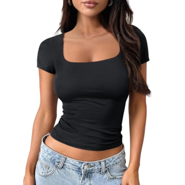 Trendy Queen Womens Square Neck Going Out Crop Tops Short Sleeve T Shirts Summer Cute Clothes Basics...