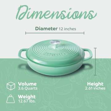 Segretto Cookware 3.6 QT Verde Chiaro Cast Iron Braiser Pan With Lid for Versatile Cooking