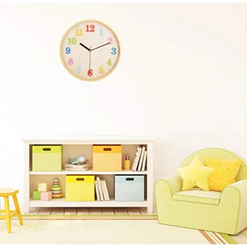 Topkey 12" Wooden Look Wall Clock Silent Non-Ticking 3D Numbers Colorful Decorative Round Clock for Living Room, Bedroom and Office Battery Not Included - Light Brown