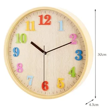 Topkey 12" Wooden Look Wall Clock Silent Non-Ticking 3D Numbers Colorful Decorative Round Clock for Living Room, Bedroom and Office Battery Not Included - Light Brown