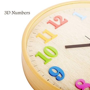 Topkey 12" Wooden Look Wall Clock Silent Non-Ticking 3D Numbers Colorful Decorative Round Clock for Living Room, Bedroom and Office Battery Not Included - Light Brown