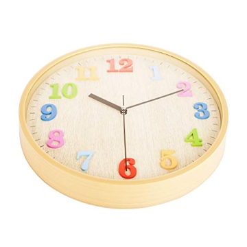 Topkey 12" Wooden Look Wall Clock Silent Non-Ticking 3D Numbers Colorful Decorative Round Clock for Living Room, Bedroom and Office Battery Not Included - Light Brown