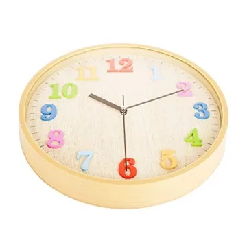 Topkey 12" Wooden Look Wall Clock Silent Non-Ticking 3D Numbers Colorful Decorative Round Clock for Living Room, Bedroom and Office Battery Not Included - Light Brown