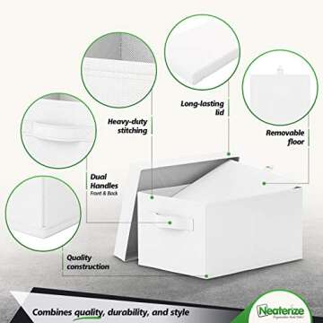 NEATERIZE Storage Bins with Lids. Set of 4 Heavy Duty Stackable MDF Covered With Fabric Storage Boxe...
