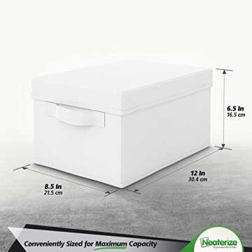 NEATERIZE Storage Bins with Lids. Set of 4 Heavy Duty Stackable MDF Covered With Fabric Storage Boxes with 2 Handle, Use for Organizing Closet, Garage, Clothes, Toys, Blankets, Linen (11.5QT, White)