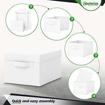 NEATERIZE Storage Bins with Lids. Set of 4 Heavy Duty Stackable MDF Covered With Fabric Storage Boxes with 2 Handle, Use for Organizing Closet, Garage, Clothes, Toys, Blankets, Linen (11.5QT, White)