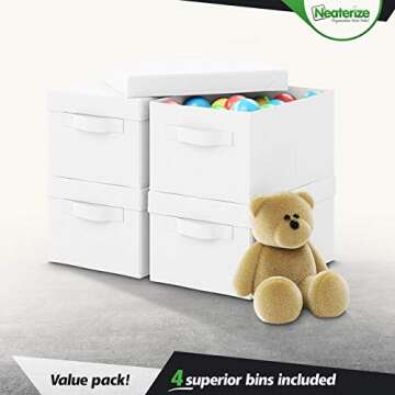 NEATERIZE Storage Bins with Lids. Set of 4 Heavy Duty Stackable MDF Covered With Fabric Storage Boxes with 2 Handle, Use for Organizing Closet, Garage, Clothes, Toys, Blankets, Linen (11.5QT, White)