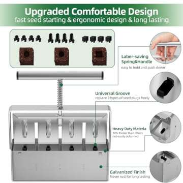 zukakii Soil Blocker 2 Inch 4 Cell Upgraded Soil Block Maker Heavy Duty with Comfortable Handle and 3 Sizes Seed Pins Handheld Soil Blocking Tool for Seed Starting transplanting Germination