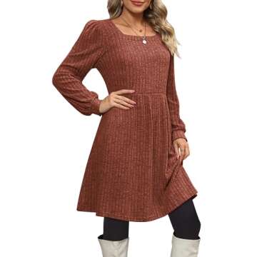 OFEEFAN Cable Knit Babydoll Dresses for Women Fall Holiday Dress Fashion Caramel S