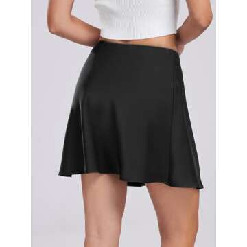 NEXLOMOS Women's Elastic High Waisted Satin Solid Color Casual Mini Skirts (Black,L)