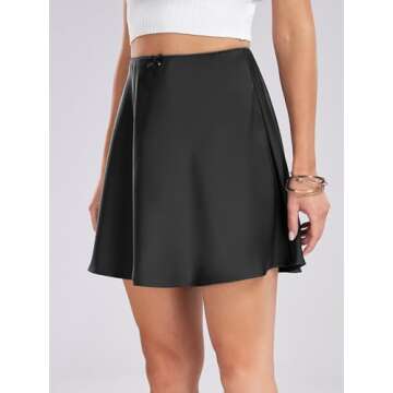NEXLOMOS Women's Elastic High Waisted Satin Solid Color Casual Mini Skirts (Black,L)