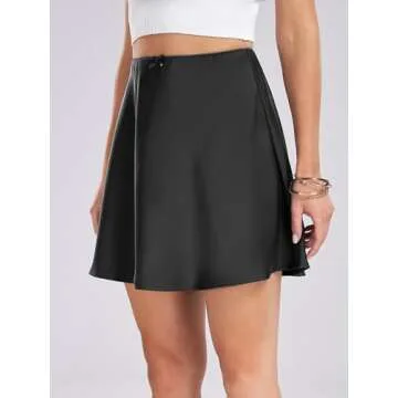 NEXLOMOS Women's Elastic High Waisted Satin Solid Color Casual Mini Skirts (Black,L)