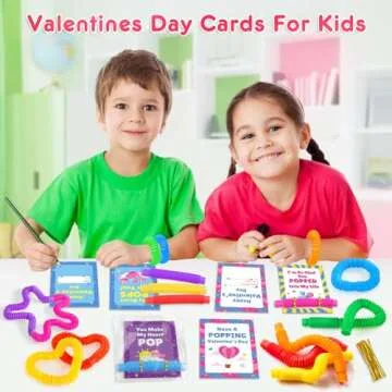 LACCHOUFEE Valentines Day Gifts Cards for Kids, 28 Pack Greeting Cards with Pop Tubes for Classroom Gift Exchange, Stress Fidget Toys Bulk Toys for School Class Preschool Valentines Kids party favors