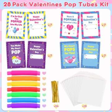 LACCHOUFEE Valentines Day Gifts Cards for Kids, 28 Pack Greeting Cards with Pop Tubes for Classroom Gift Exchange, Stress Fidget Toys Bulk Toys for School Class Preschool Valentines Kids party favors