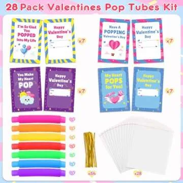 LACCHOUFEE Valentines Day Gifts Cards for Kids, 28 Pack Greeting Cards with Pop Tubes for Classroom Gift Exchange, Stress Fidget Toys Bulk Toys for School Class Preschool Valentines Kids party favors