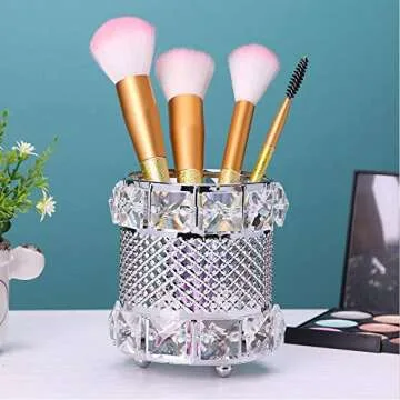 Chris.W Crystal Makeup Brush Organizer Desktop Mesh Pencil Holder Diamond Pen Cup Candle Holder(Silver)