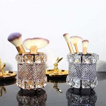 Chris.W Crystal Makeup Brush Organizer Desktop Mesh Pencil Holder Diamond Pen Cup Candle Holder(Silver)