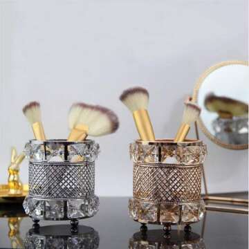 Chris.W Crystal Makeup Brush Organizer Desktop Mesh Pencil Holder Diamond Pen Cup Candle Holder(Silver)