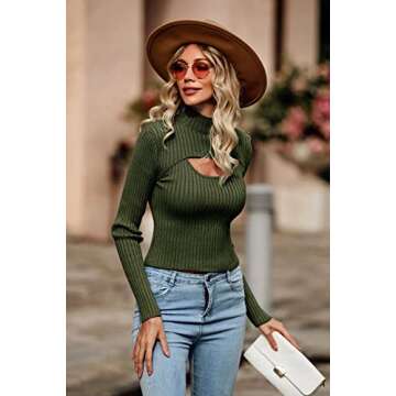 PRETTYGARDEN Women's 2025 Fashion Fall Clothes 2 Piece Cutout Tops Long Sleeve Mock Neck Rib Knit Winter Pullover Sweater (Dark Army Green,Small)