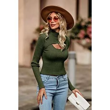 PRETTYGARDEN Women's 2025 Fashion Fall Clothes 2 Piece Cutout Tops Long Sleeve Mock Neck Rib Knit Winter Pullover Sweater (Dark Army Green,Small)