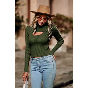 PRETTYGARDEN Women's 2025 Fashion Fall Clothes 2 Piece Cutout Tops Long Sleeve Mock Neck Rib Knit Winter Pullover Sweater (Dark Army Green,Small)