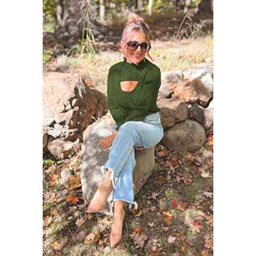 PRETTYGARDEN Women's 2025 Fashion Fall Clothes 2 Piece Cutout Tops Long Sleeve Mock Neck Rib Knit Winter Pullover Sweater (Dark Army Green,Small)