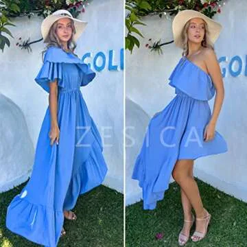 ZESICA Summer Boho One Shoulder Ruffle Dress