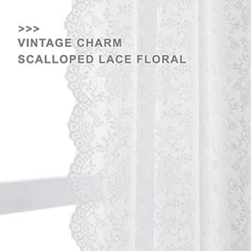 FINECITY Lace Curtains 36 Inch Length - Country Rose Floral Patterned White Lace Kitchen Curtains, Scalloped Macrame Sheer Short Lace Tier Curtains for Small Windows, 25 x 36 Inch, 2 Panels, Off White