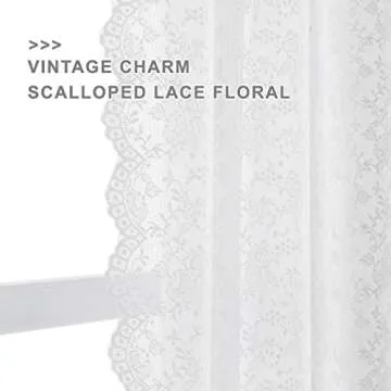 FINECITY Lace Curtains 36 Inch Length - Country Rose Floral Patterned White Lace Kitchen Curtains, Scalloped Macrame Sheer Short Lace Tier Curtains for Small Windows, 25 x 36 Inch, 2 Panels, Off White