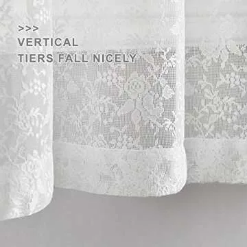 FINECITY Lace Curtains 36 Inch Length - Country Rose Floral Patterned White Lace Kitchen Curtains, Scalloped Macrame Sheer Short Lace Tier Curtains for Small Windows, 25 x 36 Inch, 2 Panels, Off White