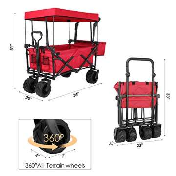 Push and Pull Collapsible Utility Wagon, Heavy Duty Folding Portable Hand Cart with Removable Canopy...