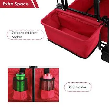 Push and Pull Collapsible Utility Wagon, Heavy Duty Folding Portable Hand Cart with Removable Canopy, 7“ All-Terrain Wheels, Adjustable Handles and Double Fabric for Shopping, Picnic, Beach, Camping