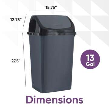 Superio Kitchen Trash Can 13 Gallon with Swing Lid, Plastic Tall Garbage Can Outdoor and Indoor, Lar...