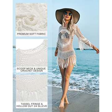 AOLRO Women's Cover Up White Crochet Hollow Out Tassel Swimsuit Bikini Coverups Three Quarter Sleeve White S