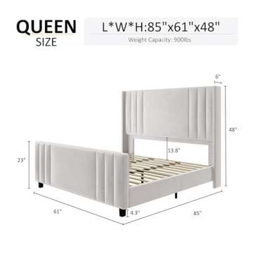 AMERLIFE Queen Size Bed Frame, Velvet Upholstered Platform Bed with Vertical Channel Tufted Headboar...