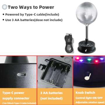 6''Rotating Mirrors Disco Ball Light Hanging Silver Glitter Ball with 5RPM-9RPM Adjustable Rotary Motor Base 24 RGB LED Mood Lights Great for Party Club Stage Dance Bar (USB Powered/Battery Powered）