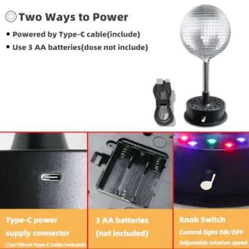 6''Rotating Mirrors Disco Ball Light Hanging Silver Glitter Ball with 5RPM-9RPM Adjustable Rotary Motor Base 24 RGB LED Mood Lights Great for Party Club Stage Dance Bar (USB Powered/Battery Powered）