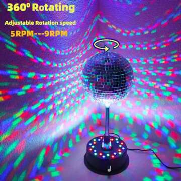 6''Rotating Mirrors Disco Ball Light Hanging Silver Glitter Ball with 5RPM-9RPM Adjustable Rotary Motor Base 24 RGB LED Mood Lights Great for Party Club Stage Dance Bar (USB Powered/Battery Powered）