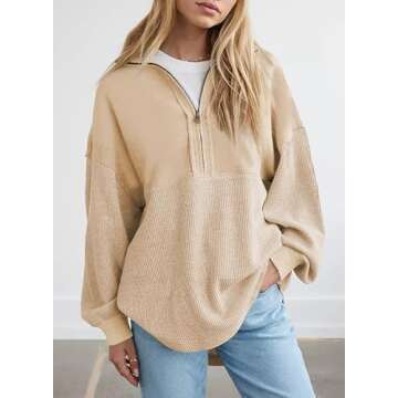SHEWIN Womens Fall Fashion 2024 Casual Waffle Knit Half Zip Sweatshirt Long Sleeve Quarter Zipper Pullover Tops Oversized Sweatshrts,US 12-14(L),Khaki