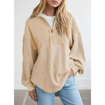 SHEWIN Women’s Waffle Knit Half Zip Sweatshirt for Fall